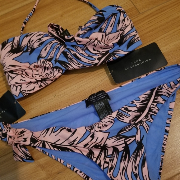 Zara Swim Zara Floral Palm Blue Pink Bikini Swim Nwt Szs Poshmark